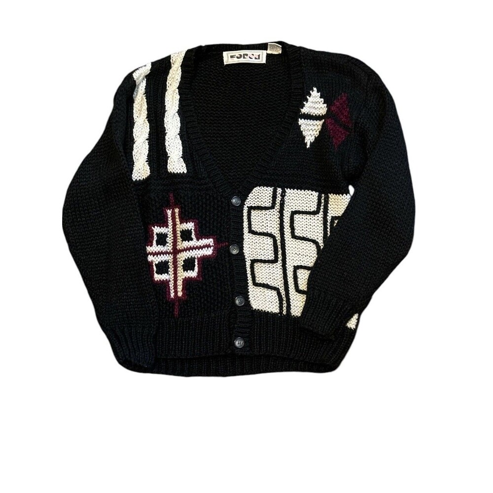 Vtg Forum Sweater Black Funky Geo Button Down 80s Grunge Grandpa Cardigan Medium